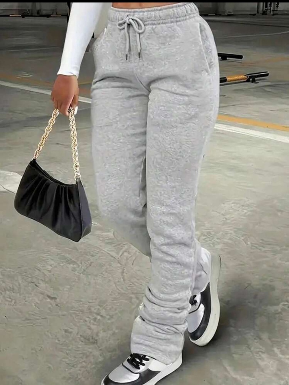 SHEIN Women’s Heather Grey Fleece Stacked Joggers with Drawstring Waist